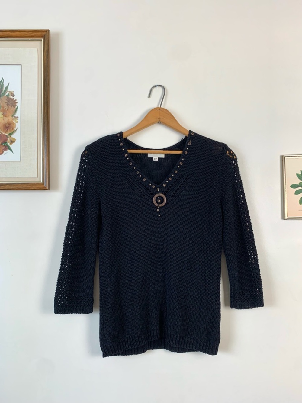 Laura Petites Black Crocheted Beaded Black Top